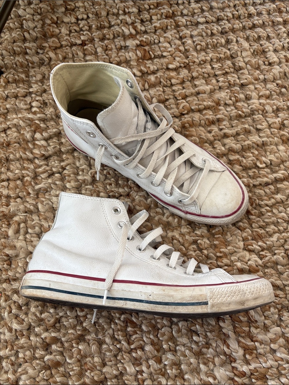 Converse White High-Top Sneakers with Red and Black Stripe
